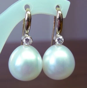 SOUTH SEA 15.8mm!! PEARLS UNTREATED +DIAMONDS +18ct SOLID Y GOLD EARRINGS +CERT - Picture 1 of 1
