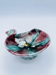 Vintage Italian Shell Pottery Drip Glaze Handmade Gold Pink Green Signed 3.75" - Picture 1 of 11