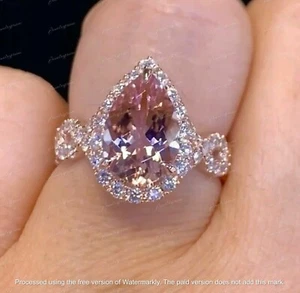 3Ct Pear Simulated Morganite Halo Women's Engagement Ring 14k Rose Gold Plated - Picture 1 of 5