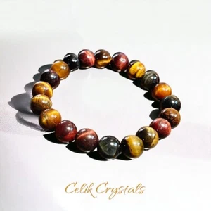Tiger Eye Bracelet Gold Blue & Red Mix - 10mm Natural Stone Crystals - Picture 1 of 5