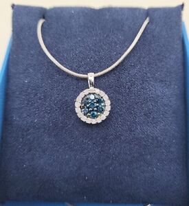 10K White Gold Circle Blue Sapphire Pendant Necklace With 925 Chain JTV