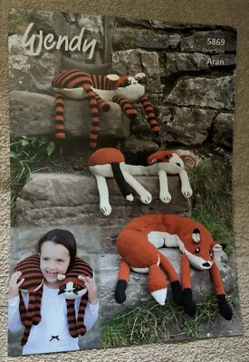 Wendy Aran Knitting Pattern 5869 - Children's Animal Neck Pillows Cat Fox Dog - Image 1 of 2