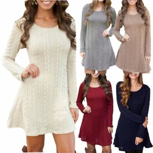 Stylish Women's Knitted Sweater Jumper Mini Dress For Cozy Winter And Autumn - Picture 1 of 12