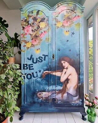 PAINTED Funky Wardrobe Cupboard DECOUPAGE Funky Blue Yellow Armoire Floral Pink • 545.29£