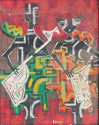 Vintage 50s Abstract Cubist Musician Oil Painting MCM Mid Century Modern Signed - Image 1 of 4