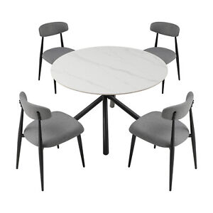 4pcs 47.24" Modern Round Dining Table White Sintered Stone top Metal Cross Legs