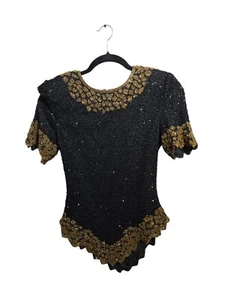 VTG Lawrence Kazar Black Embellished Sequin Beaded Gold Blouse Silk Top Size SP - Picture 1 of 6
