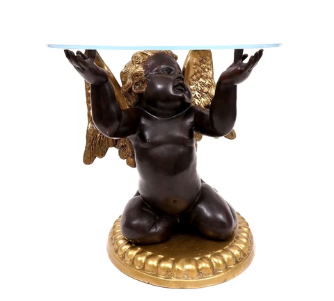 Rare Vintage Patinated Spelter Brass Cherub Angel Occasional Table Glass Top Cover
