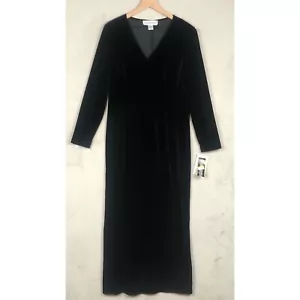 NWT VTG Jessica Howard Velvet Maxi Dress Sz 14 Black Long Sleeve V-Neck NOS - Picture 1 of 18