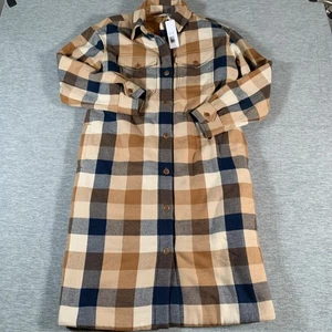 Outerknown Blanket Shirt Dress Womens XS Brown Navy Plaid Organic Cotton Shacket - Picture 1 of 15