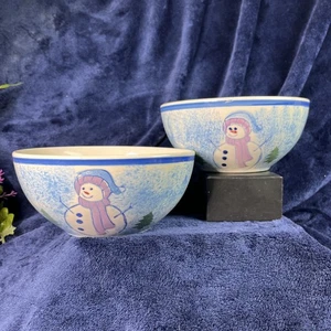 SET of 2 Snowman Soup Bowls Blue Christmas Winter Alco Industries - Picture 1 of 8