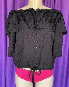 ZADIG & VOLTAIRE Black Silk Off-Shoulder Ruffled Short-Sleeved Blouse Size M EUC - Picture 1 of 10