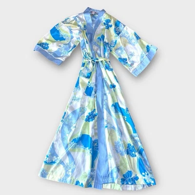 Oscar De La Renta розовый ярлык кимоно стиль синий зеленый цветочный атласный халат женщин S/M - Изображение 1 из 3