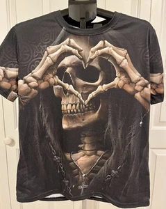 Camicia Uomo Scheletro Teschio Grim Reaper Cuore Morte Biker Metallo Pesante Taglia M - Foto 1 di 7
