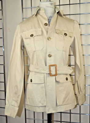 Chaqueta Estilo Militar De Colección S/M Años 60 Beige Cuello Cinturón Abotonado Cinturón Elegante Ajuste Foto 1 de 4