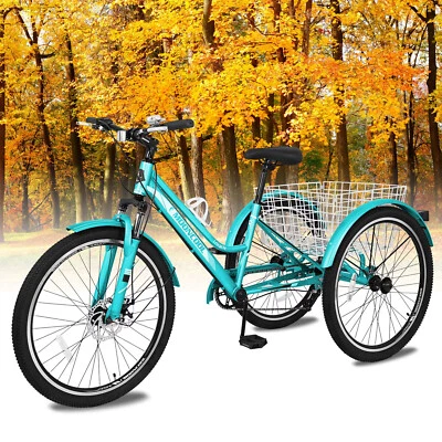 Mooncool Adult Trike 24"/26"/27.5" 7-Speed MTB Tricycle 3-Wheel Bike w/ Basket - Image 1 of 4