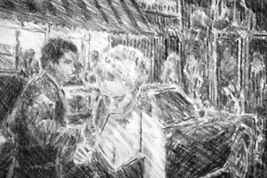 Original Charcoal Illustration by Saul, Bernard 1987 Artwork Cityscape People - Picture 1 of 2