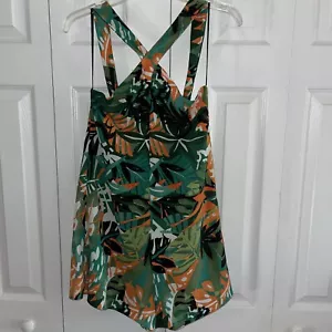 Zara Trafaluc Womens Tropical Jumpsuit Romper Small Halter Style Green Orange - Picture 1 of 6
