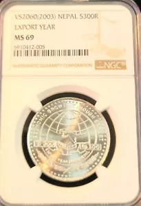 2003 NEPAL SILVER 300 RUPEES S300R EXPORT YEAR NGC MS 69 STUNNING RARE TOP POP - Picture 1 of 5