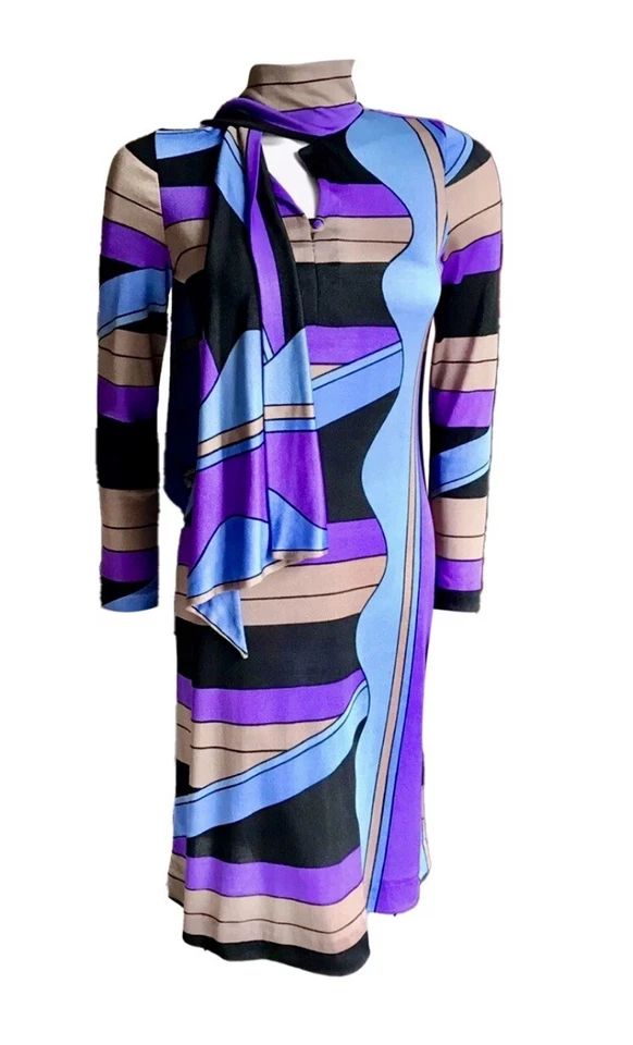 VESTIDO VINTAGE A RAYAS LOUIS FERAUD PARÍS CON BUFANDA ADJUNTA TALLA XS/S Foto 1 de 4