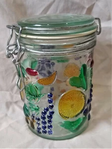 Decorative Clear Glass Jar Wire Clasp Lid--Handpainted Textured Fruit--3 Cups - Picture 1 of 7