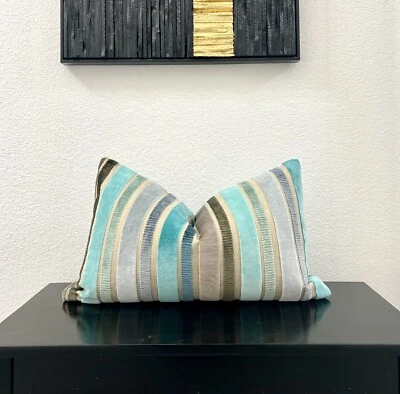 SAVIO- Aqua Colorway Designers Guild Striped Velvet Pillow Cushion COVER Bespoke - Image 1 of 4
