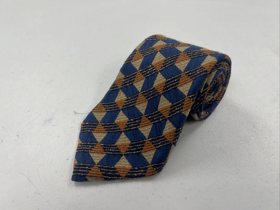 Gravata masculina de seda geométrica azul e bege Ermenegildo Zegna $295 - Imagem 1 de 4