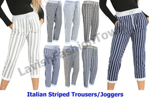 Ladies Stripes Print Cotton Trouser Casual Jogger Summer Women Pants Italian New - Picture 1 of 30