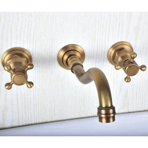 Bathroom Sink Faucet in Antique Brass Widespread Wall Mounted Mixer Tap - Picture 1 of 4