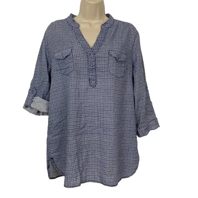 Willi Smith Top Womens Medium Blue Linen Blend Popover Roll Tab tunic casual - Image 1 of 4