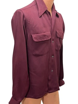 EUC Mens L Vtg 50s Arrow Gabanaro Shirt Wine Flap Pockets Rayon Gab Rockabilly - Image 1 of 4