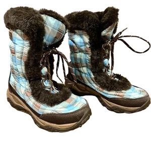The North Face Girls Snow Boots US 3 Blue Brown Plaid Insulated Winter Fur EU 34 - Picture 1 of 18