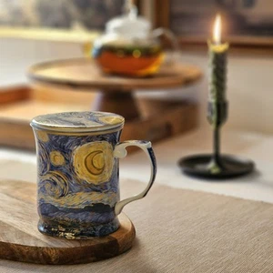 Elegant Porcelain Tea Mug with Lid & Strainer “Starry Night” by Van Gogh – 13 oz - Picture 1 of 10