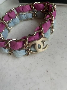 CHANEL Bracelet Coco Mark – Gold Chain with Pink & Light Denim With Box Used - Picture 1 of 4
