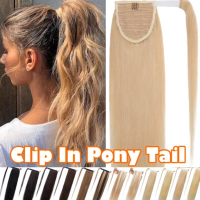 Thick Ponytail Clip in Remy Human Hair Extensions Wrap Around Long Hairpiece 18" - Image 1 of 4