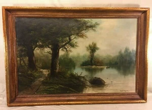 Óleo temprano sobre lienzo de arroyo con árboles en escena de pesca de banco por J Taylor - Imagen 1 de 11