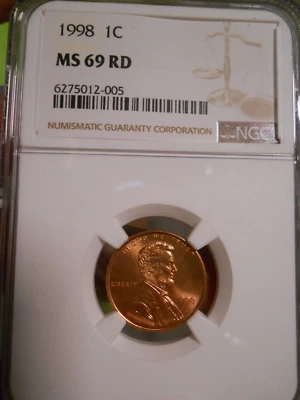 1998 Lincoln Cent NGC MS69 RED RARE Top POP 22/0  RD - Image 1 of 4