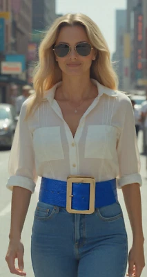 Women Blue Wide Faux Leather Animal Print Belt Square Gold Metal Buckle Size S M - Image 1 of 4