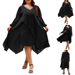 PLUS SIZE ⭐Women Sequin V-Neck Midi Dress Chiffon Long Sleeve Casual Party Dress - Picture 1 of 19