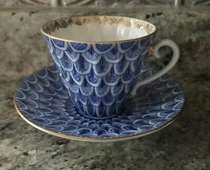 Russian Imperial Lomonosov Porcelain Cobalt Forget Me Not Tea Cup & Saucer Set - Picture 1 of 9