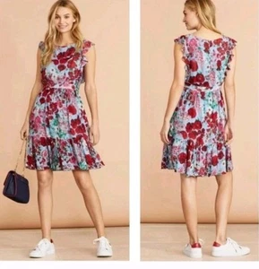 Brooks Brothers Red Fleece Dress Womens 6 Blue Red Floral Ruffle Feminine - Picture 1 of 10