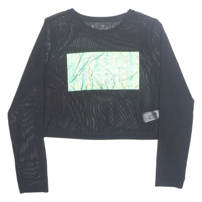 Always Ready For Trouble Cropped Sheer Womens Printed Top Black Long Sleeve S - Image 1 of 4