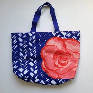 Tote Bag Lancome Blue Flower Floral Print Medium Shopper Beach Travel Lined - Picture 1 of 6