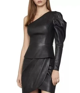 BCBGMaxazria Women’s Black OneShoulder Faux Leather “Lillyan L Top Shirt Blouse - Picture 1 of 7