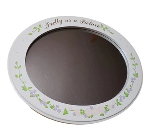 New White Wooden Oval Framed Mirror "Pretty As A Picture" Flowers 13”x11” 1990s - Picture 1 of 3
