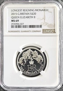2015 Great Britain Silver £20 Longest Reigning Monarch Queen Elizabeth II NGC MS - Picture 1 of 3