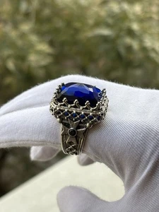 Blue Sapphire Sterling Silver Men’s Ring, Christian Royal King Design - Picture 1 of 9