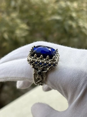 Blue Sapphire Sterling Silver Men’s Ring, Christian Royal King Design - Image 1 of 4
