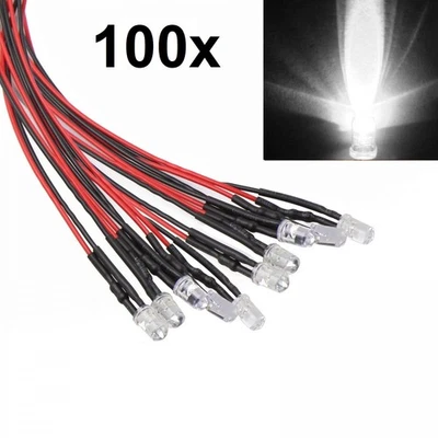 100x White LED Light Single Bulb Pre-Wired 5V-12V 5mm Bright Round Top Tip Clear