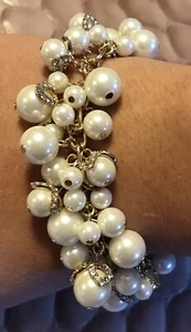 Charter Club Gold Tone Dangling White Pearls & Rhinestones Bracelet. - Picture 1 of 8